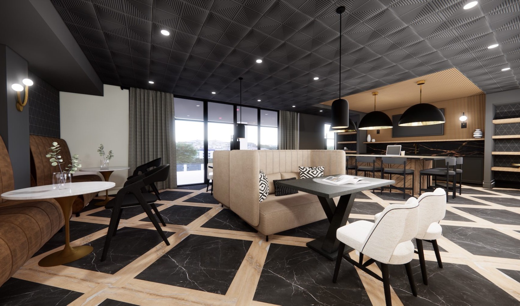 a clubroom with couches, tables and chairs